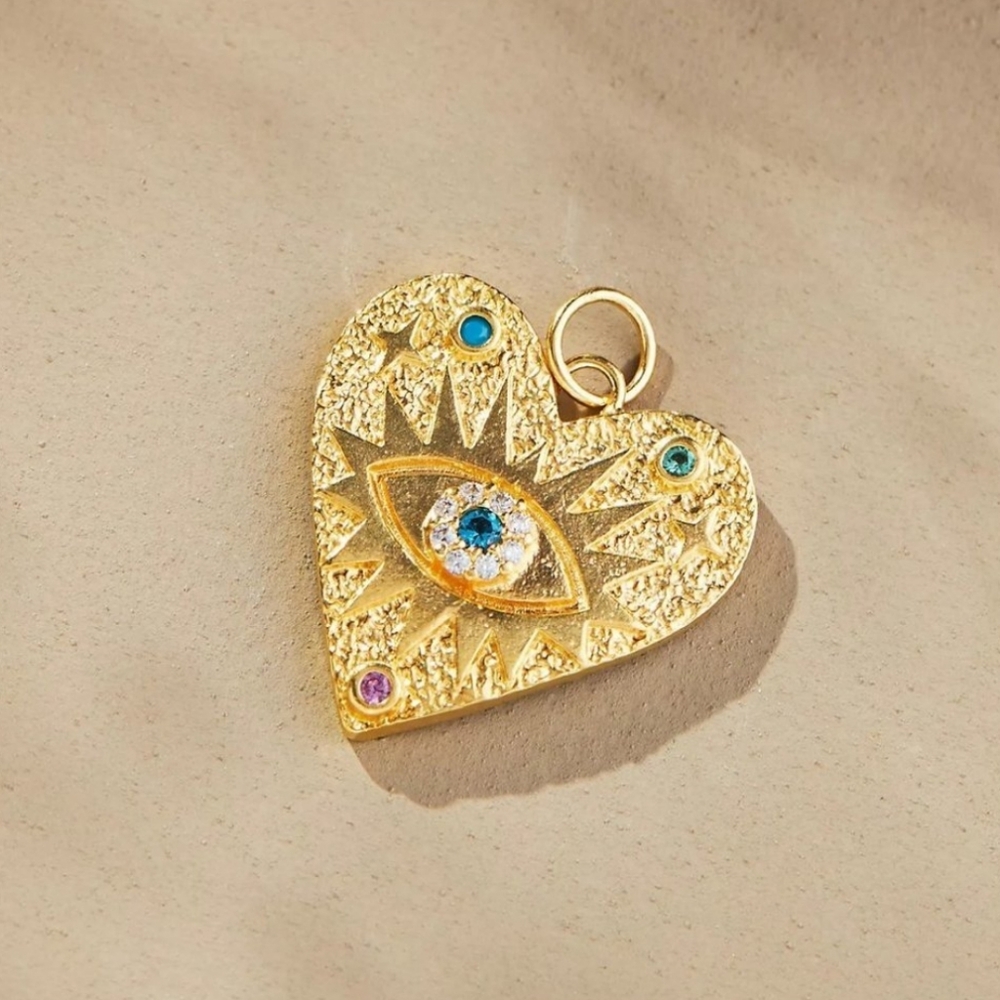 Anthropologie Gold Heart Pendant with Multicolor Gem Accents